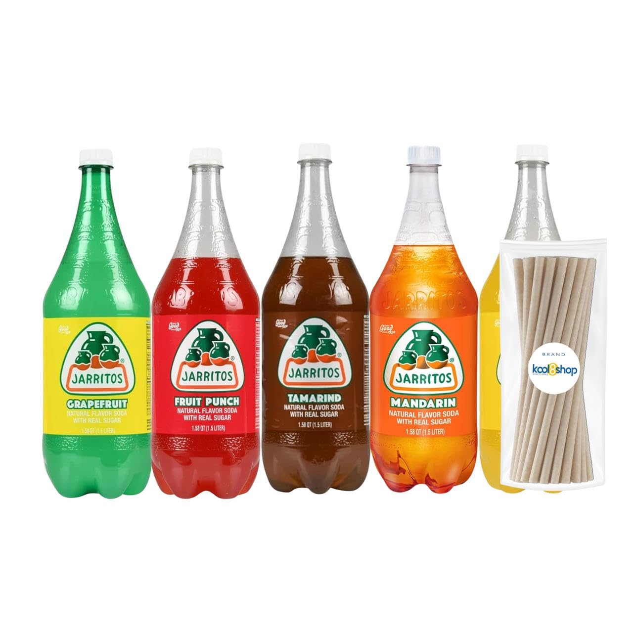Jarritos Variety Collection Mexican Soft Soda Drink Flavors May Vary 1.5 Lt Plastic Bottles 5-Pack + 15 Sugarcane Disposable Straws by KOOL8SHOP