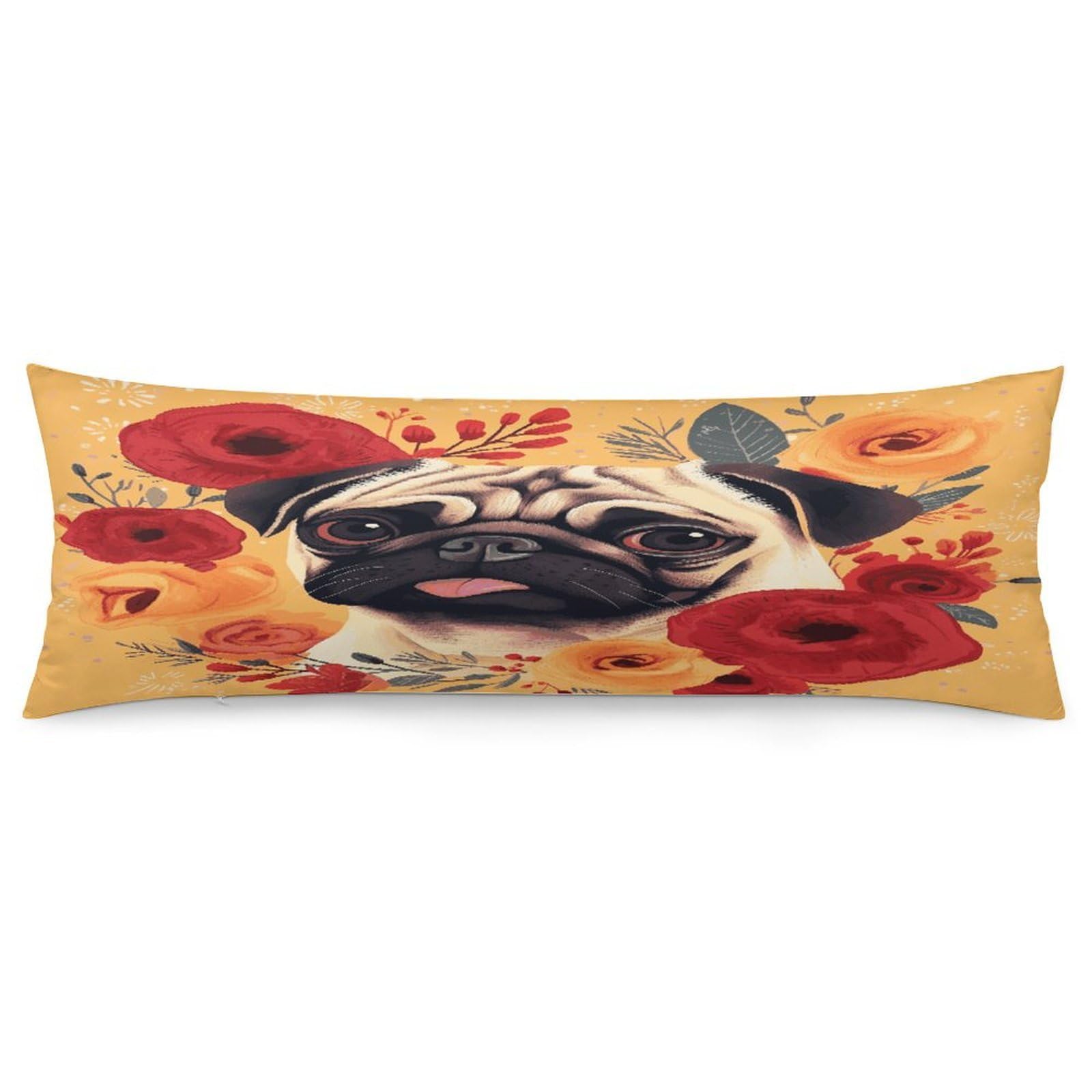 Pug Flower Body Pillow Cover Luxury Long Body Pillow Pillowcase with Hidden Zipper Breathable Soft Cozy Pillow Case Wrinkle Fade Resistant Pillowcase 20''×54''