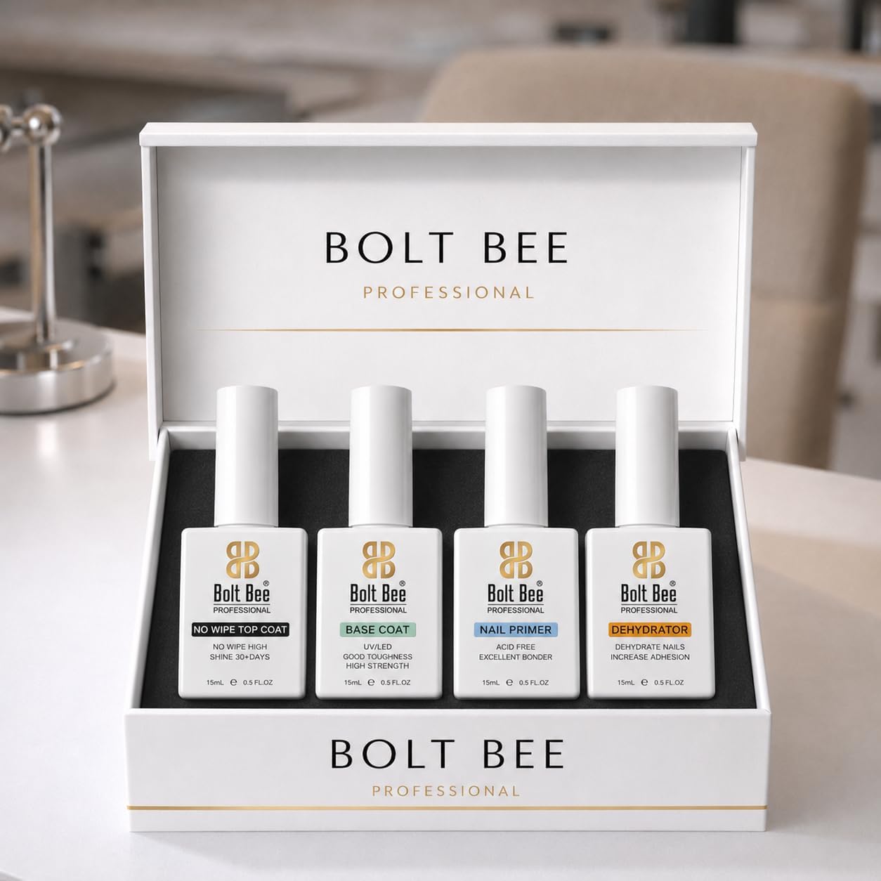 Bolt Bee Professional 4-in-1 Gel Nail Kit, Top Coat, Base Coat, Primer and Dehydrator Set, 15ml Each, UV/LED Lamp Required (4 in 1 set)-image-28