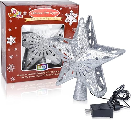 Miniatura 7 de AerWo Decoración para árbol de Navidad iluminada con luces giratorias de copo de nieve, estrella hueca con purpurina 3D para decoración de árbol de