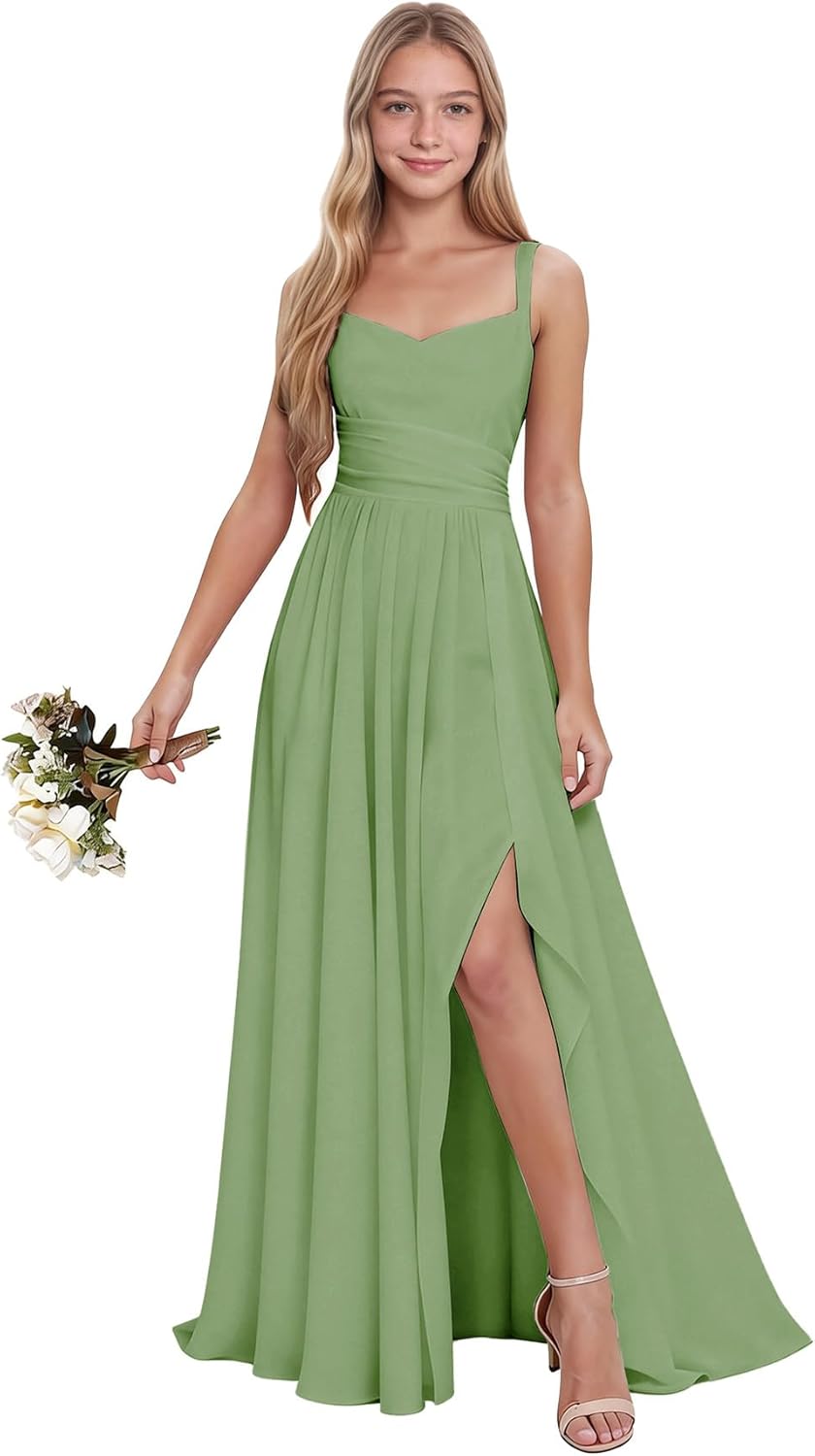Spaghetti Strap Junior Bridesmaid Dress Chiffon Flower Girl Dresses for Wedding V Neck Long Formal Prom Dress
