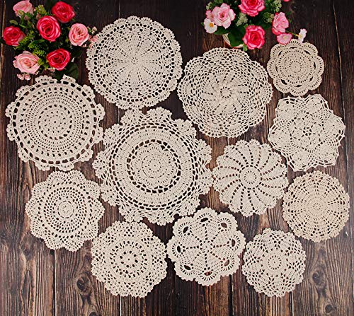 YINGYOU 12Pcs Hand Crochet Doilies Round Beige Vintage Wedding Tea Party 5-12 inchesï¼ˆBeigeï¼‰