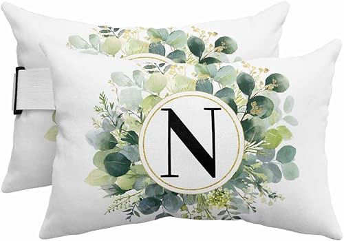 Paquete de 2 fundas de almohada lumbares con hojas de eucalipto, con monograma de letra N para exteriores, impermeables, para exteriores, fundas