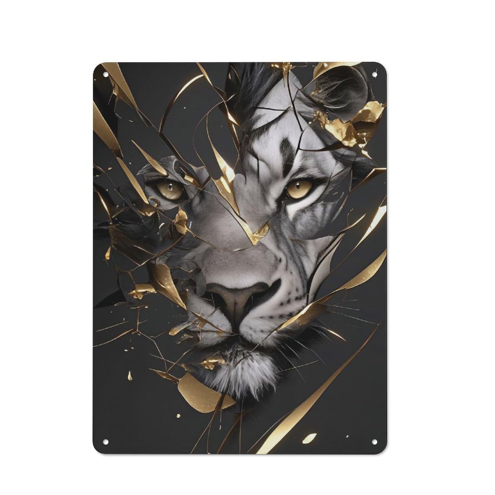 Junmoney Style-5 Metal Wall Sign 40X30cm Featuring Tiger Portrait With Golden Shattered Glass For Living Room Wall, For Feature Wall Decorators