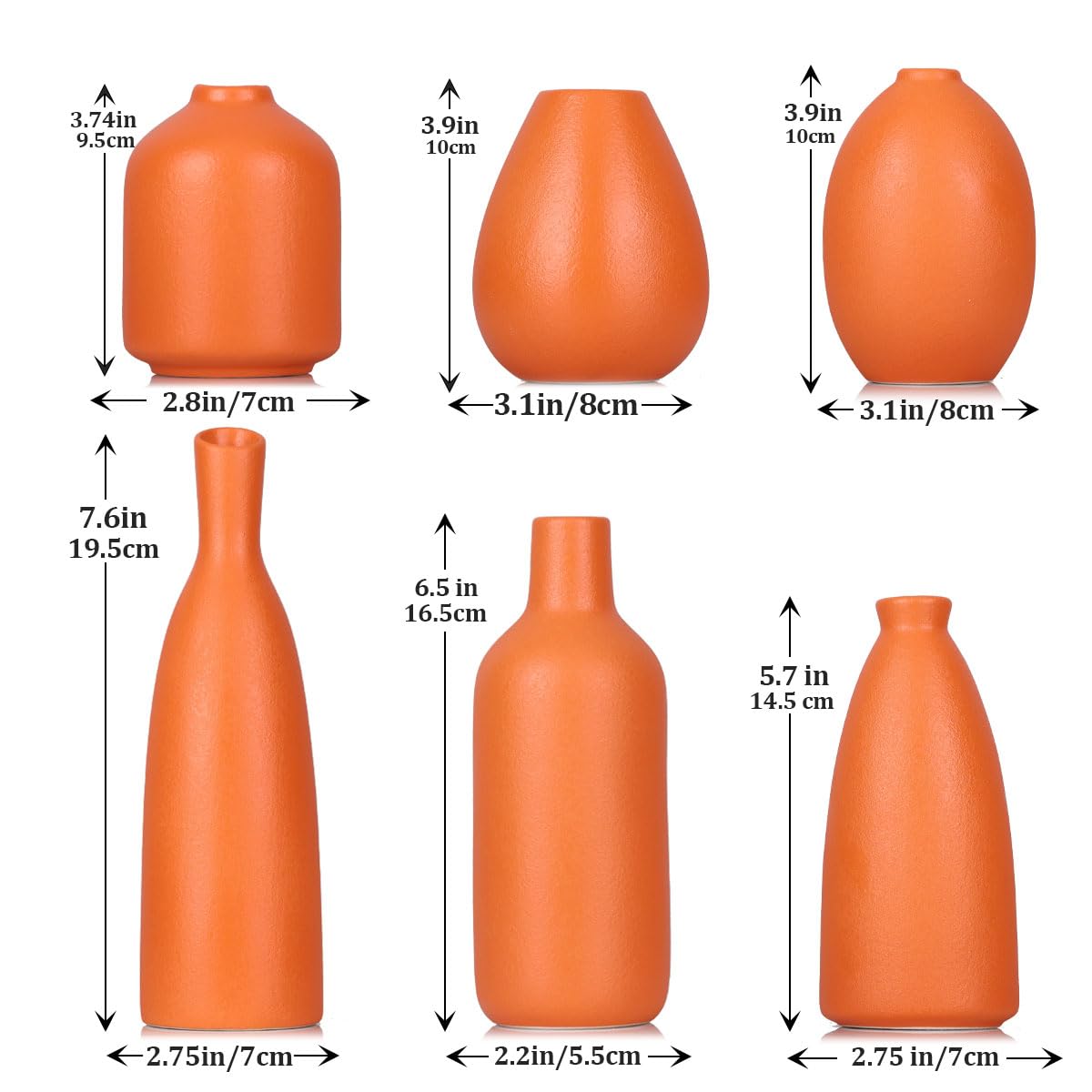 Orange Keramik Knospen Vasen Set von 6, Bauernhaus Dekor, Kamindekor, Kaminsims & Regal Dekor, Heimdekoration für Wohnzimmer, Eingang, Badezimmer & Büro, Couchtischdekoration, Knospenvasen in Bulk