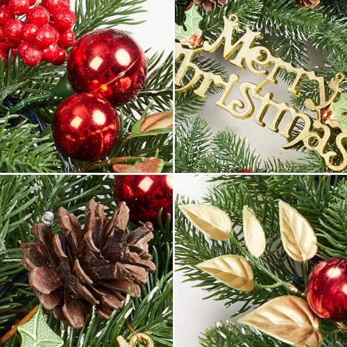 18 Inch Pre-Lit Christmas Wreath, Outdoor Lighted Christmas Wreath with Pine Cones, Berry, Colorful Lights for Front Door, Artificial Xmas Wreath for Holiday Party Decorations
