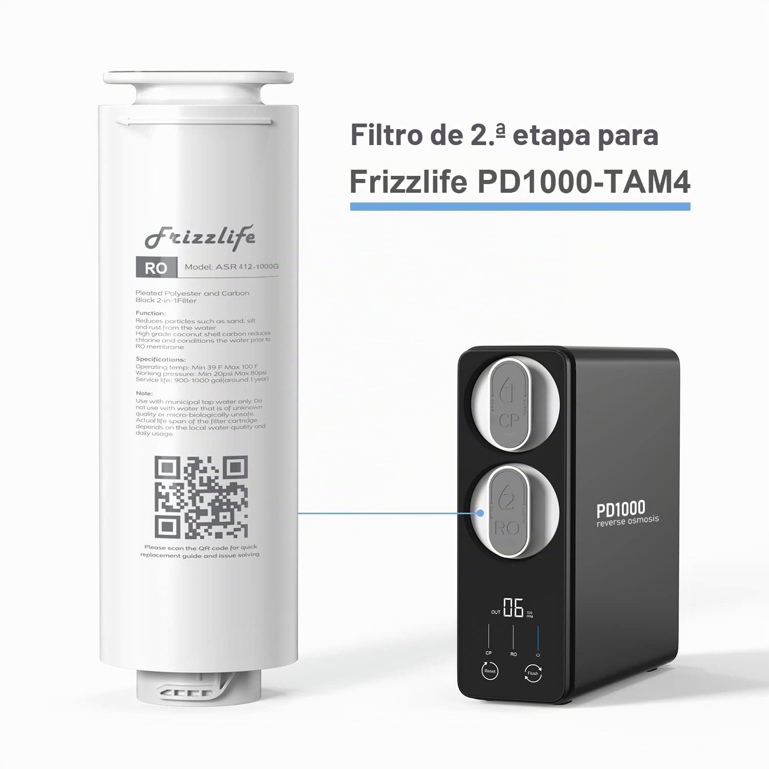 Frizzlife ASR412-1000G RO Cartucho de filtro de repuesto para PD1000-TAM4 (2ª etapa)