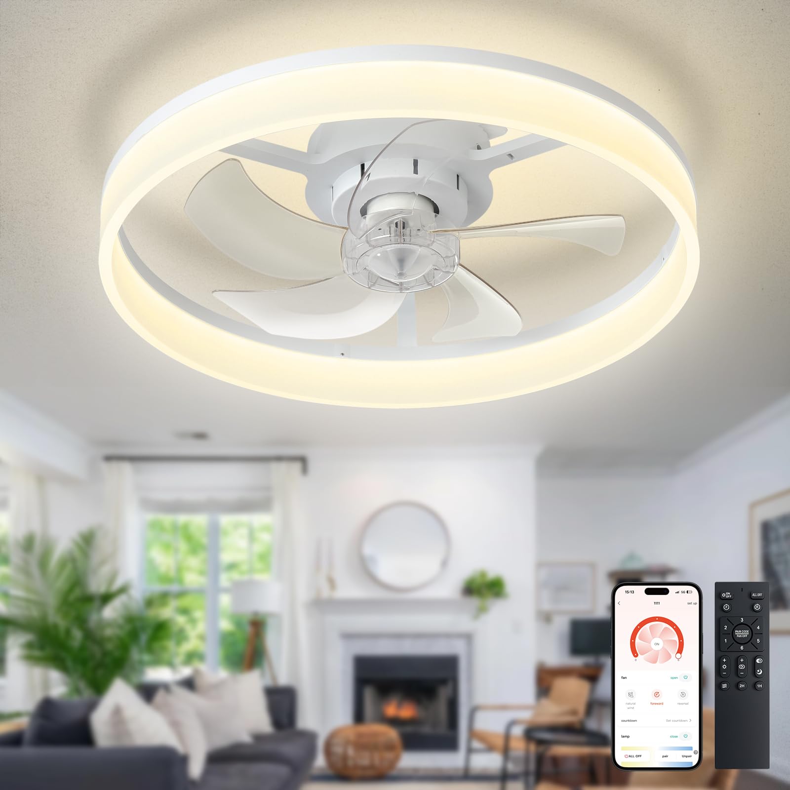 Depuley Ventilador de techo LED con luz: ventilador moderno de perfil bajo de 20" con mando a distancia para aplicaciones - Lámpara con ventilador blanco regulable sin aspas para dormitorio