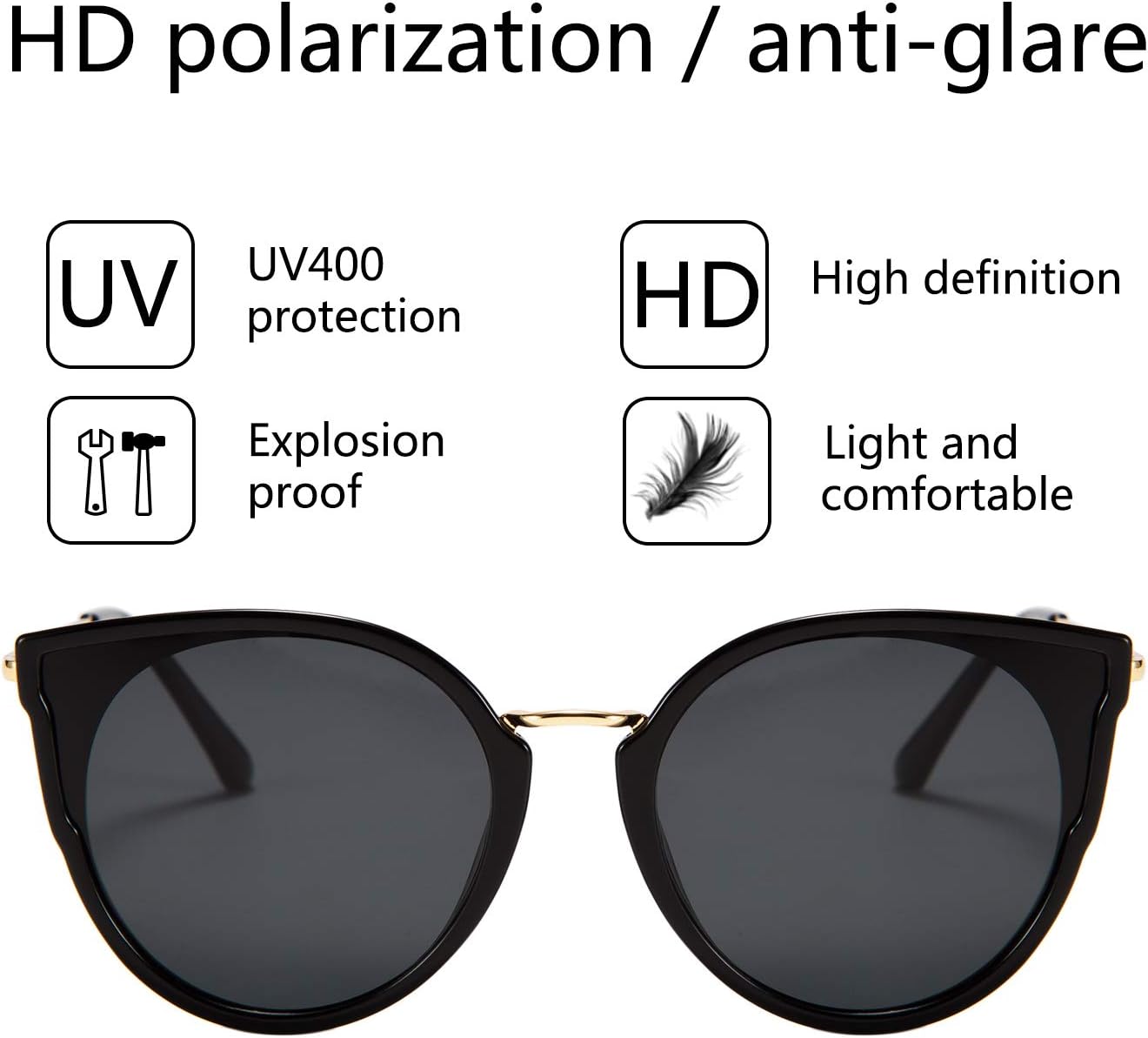 FEISEDY Vintage Polarized Cat Eye Sunglasses for Women Oversized Round Sunglasses Anti Glare B7000 - Image 4