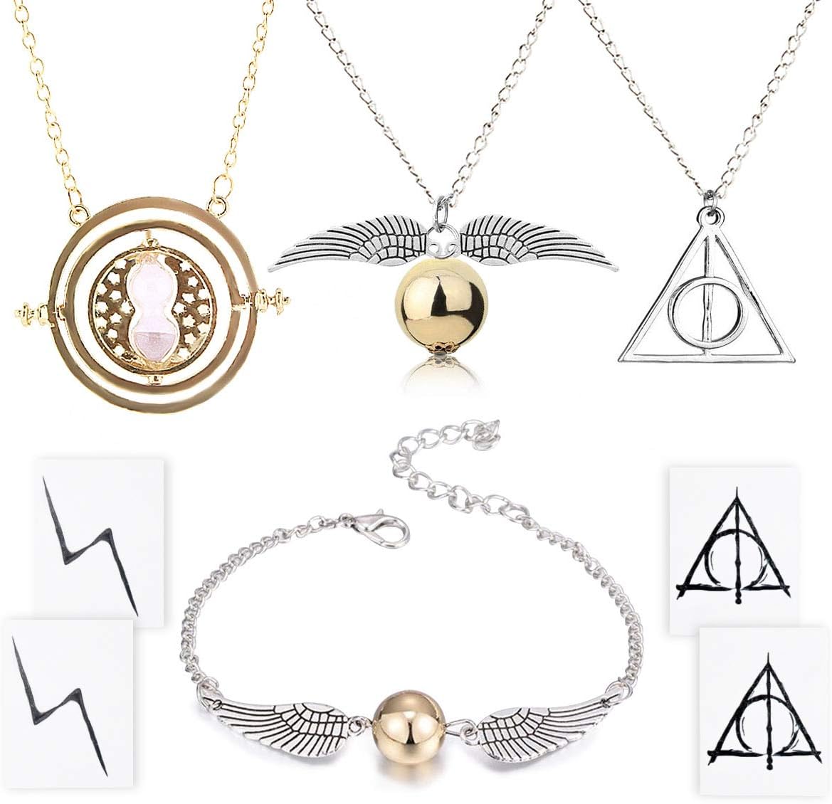 4 Piece Wizard Necklace Bracelet with The Deathly Hallows Golden Snitch Time Turner Chain Pendant Necklace for Harry Inspired Fans Gifts Collections