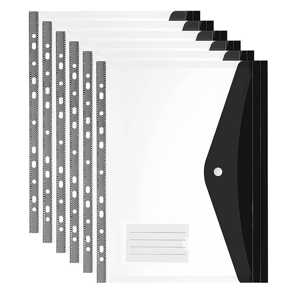 Goodern 6Pcs Ring Binder Punch Pocket,A4 Clear Plastic Envelopes for Ring Binder Folder,Loose-Leaf Plastic Envelopes with 11 Holes for Ring Binder Folder for Home Work Office Organization-Black