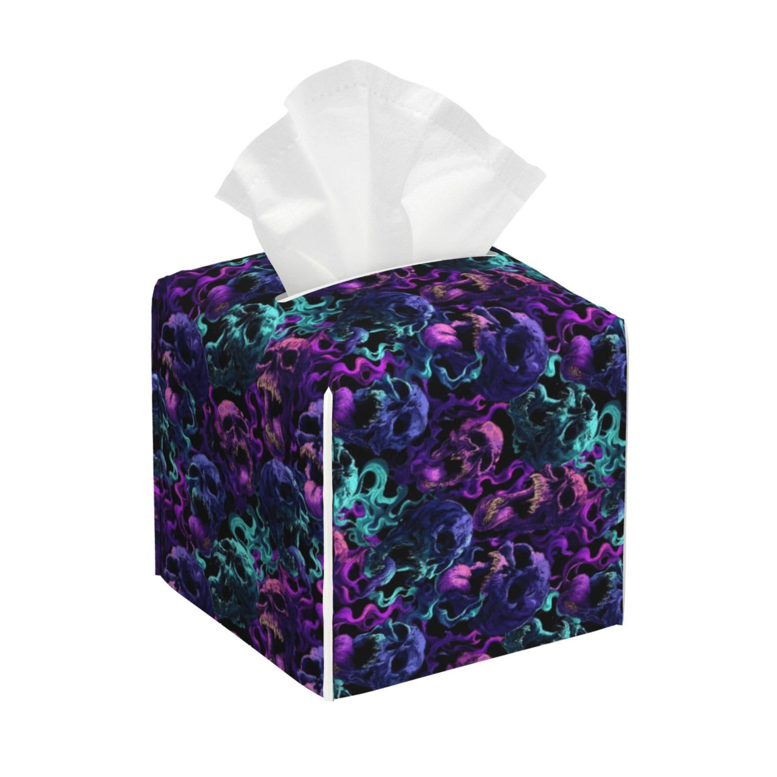 Fantasy Neon Skull Print Tissue Box Cover Holder Square, Foldable Modern Cube Tissue Box Cover, Leather Decorative Organizer for Tabletop Bathroom Car Office Desk Decor