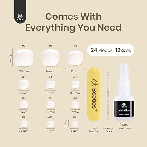 Miniatura 7 de Beetles - Uñas postizas a presión, kit de pedicura francesa con pegamento, 24 piezas en 12 tamaños, uñas postizas francesas cuadradas y brillantes