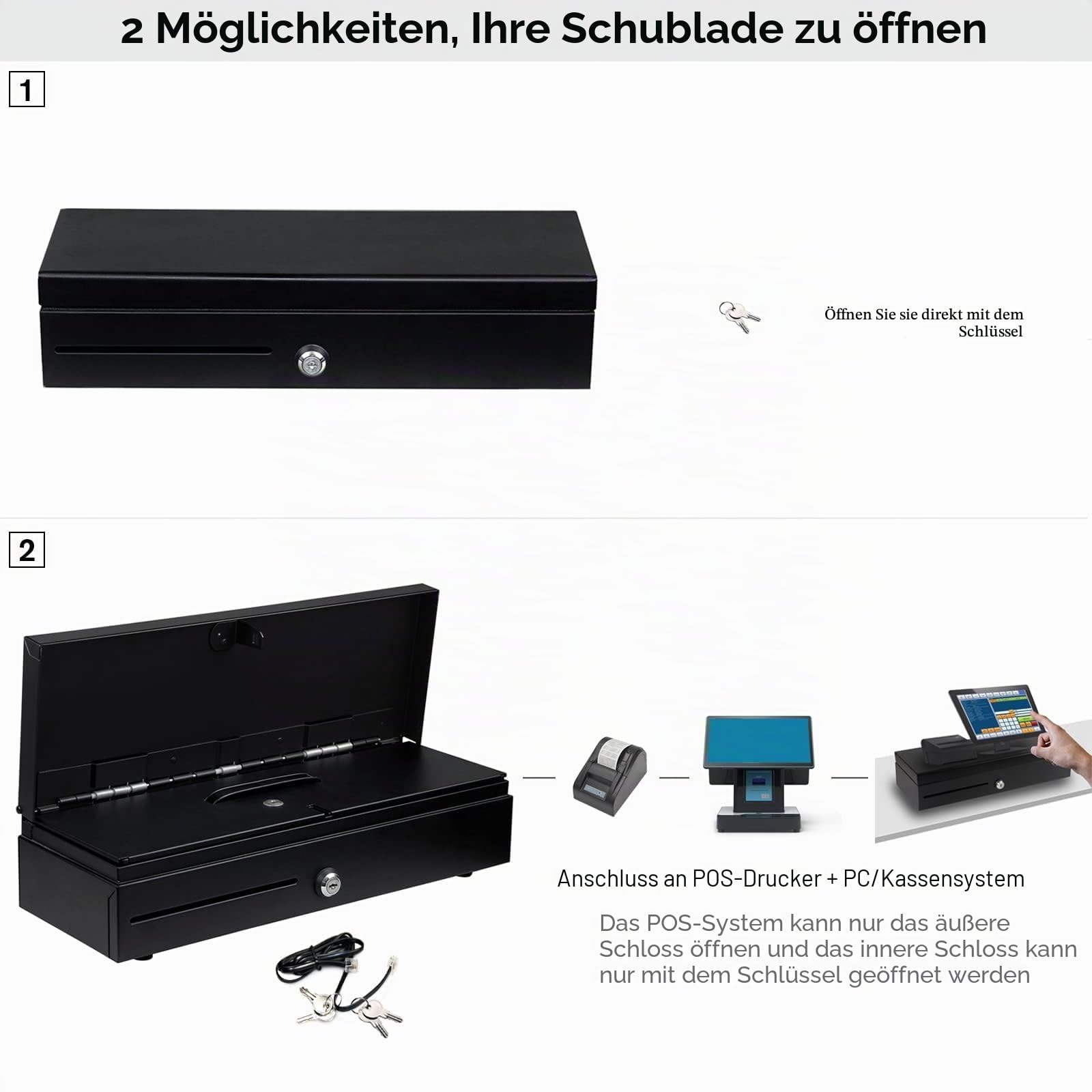 HONEY BEAR Klappdeckel-Kassenlade Registrierkasse Schublade 12V/24V Kassenschublade Kasse Geldlade für POS-Belegdrucker System, mit RJ11/RJ12 Schnittstelle, 6 Banknoten und 8 Münzen (Schwarz)