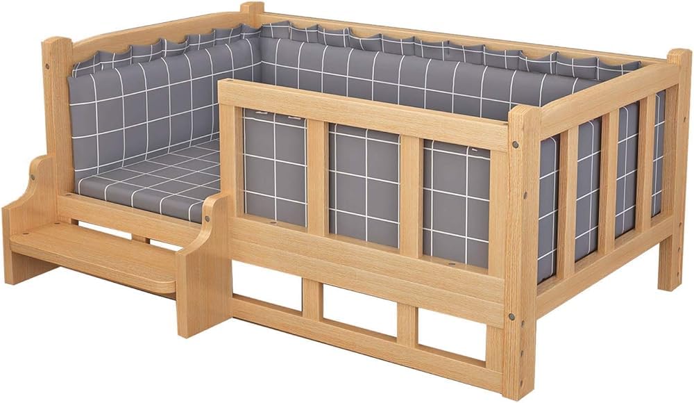 Cama elevada gris para perros con escaleras, marco de madera para cachorros/mediano/grande, sofá para mascotas y colchón suave lavable, para interiores y exteriores (tamaño XXL, color: con escaleras)