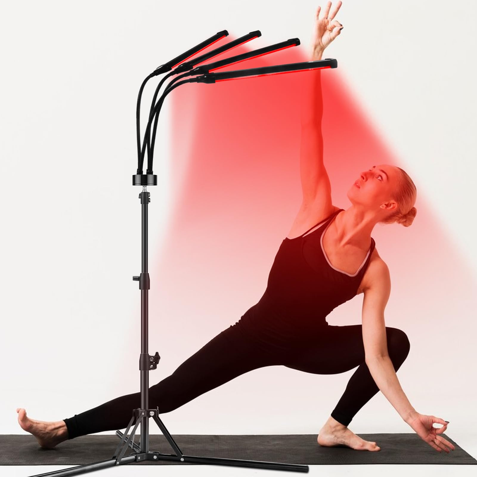 Rotlichtlampe Stehlampe mit 4 Flexiblen Köpfen, Trayvespace Infrarotlampe mit 660/850/940nm, Verstellbare Rotlichtlampe mit Timer & 5 Helligkeiten, Große Rotlicht Standlampe für Zuhause, Büro, Yoga