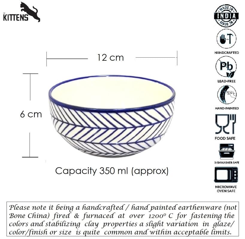 Image of KITTENS Ceramic Bowls 350ml - Set of 2 - Blue Arrow Pattern | Handcrafted Serving Bowls | Microwave & Dishwasher Safe | Ideal for Soup, Pasta, Cereal, Maggi, Dessert & Breakfast