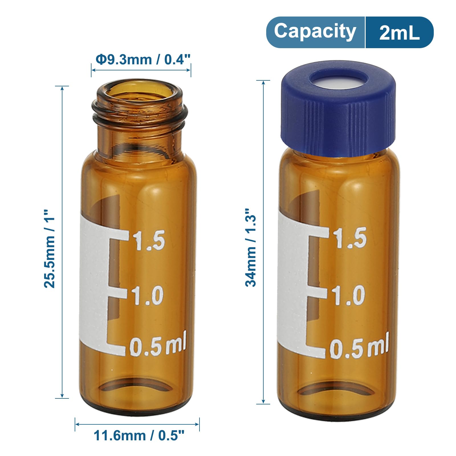 PATIKIL 2ml Autosampler Fläschchen 100 Stück Vorgeschnittene Septen HPLC/GC Fläschchen 9-425 Labor Bernstein Fläschchen Probenfläschchen Schraubverschluss PTFE Und Silikon Mit Etiketten