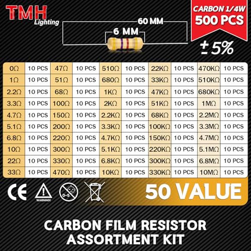 TMH 500 Pcs Carbon Resistor Kit – 1/4W 50 Values (0Ω–10MΩ) ±5% Tolerance, Thicker Leads, Carbon Film Resistors Assortment for DIY Electronics & Circuit Projects