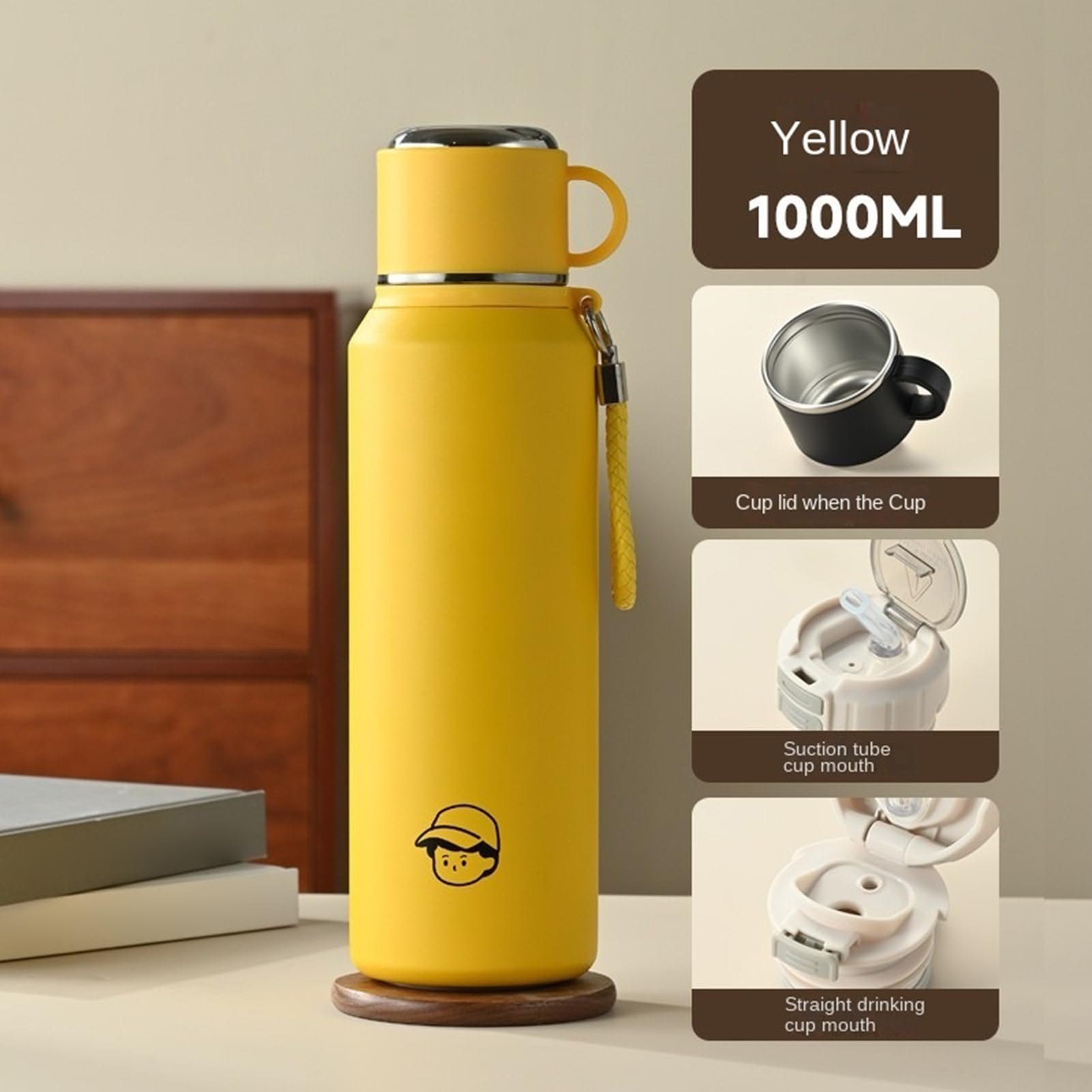 Thermo-Wasserflasche – 1000 ml Edelstahl-Vakuumbecher zum Warm- oder Kalthalten von Getränken, auslaufsicheres Design mit Strohhalmdeckel, Reise-Trinkflasche für Radfahren, Angeln, Büro, Picknick, Sch