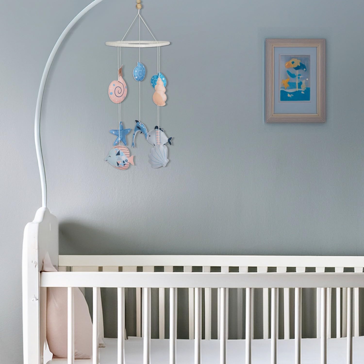 Haus and Kinder Vitamin Sea Crib Mobile - Set of 1 | Ocean-Themed Baby Mobile with Dolphins, Fish & Seashells, Soft Cotton & Wooden Frame | Coastal Nursery Décor, Soothing & Handmade, Height- 64cm
