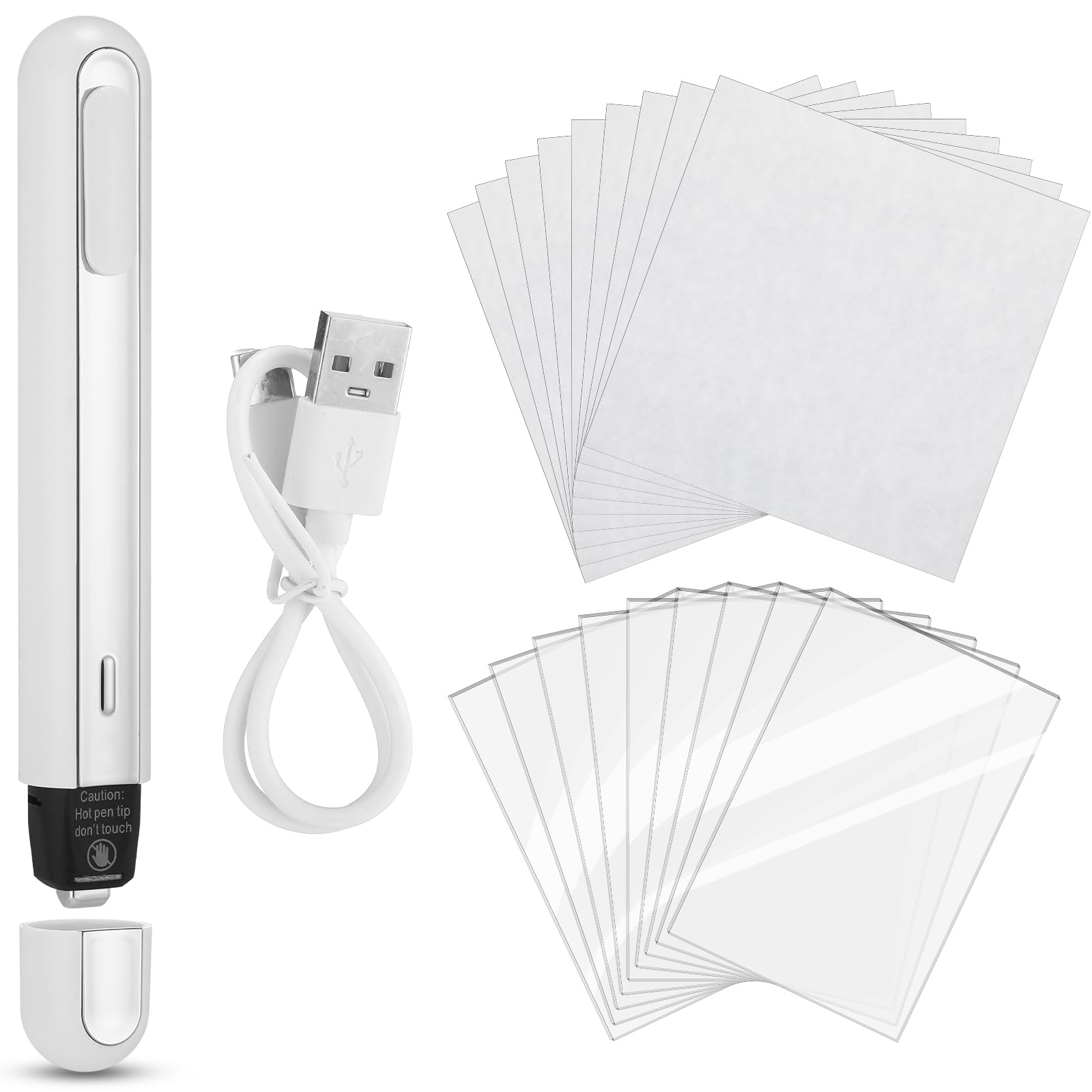 Grinsvalley 47 Pcs Card Flattening Kit Card Care Tool Accessory Set Include 25 Heat Papers 20 Heat Vinyl Clear Sheets 1 White Crease Reducer Thermal Pen and 1 USB Charging
