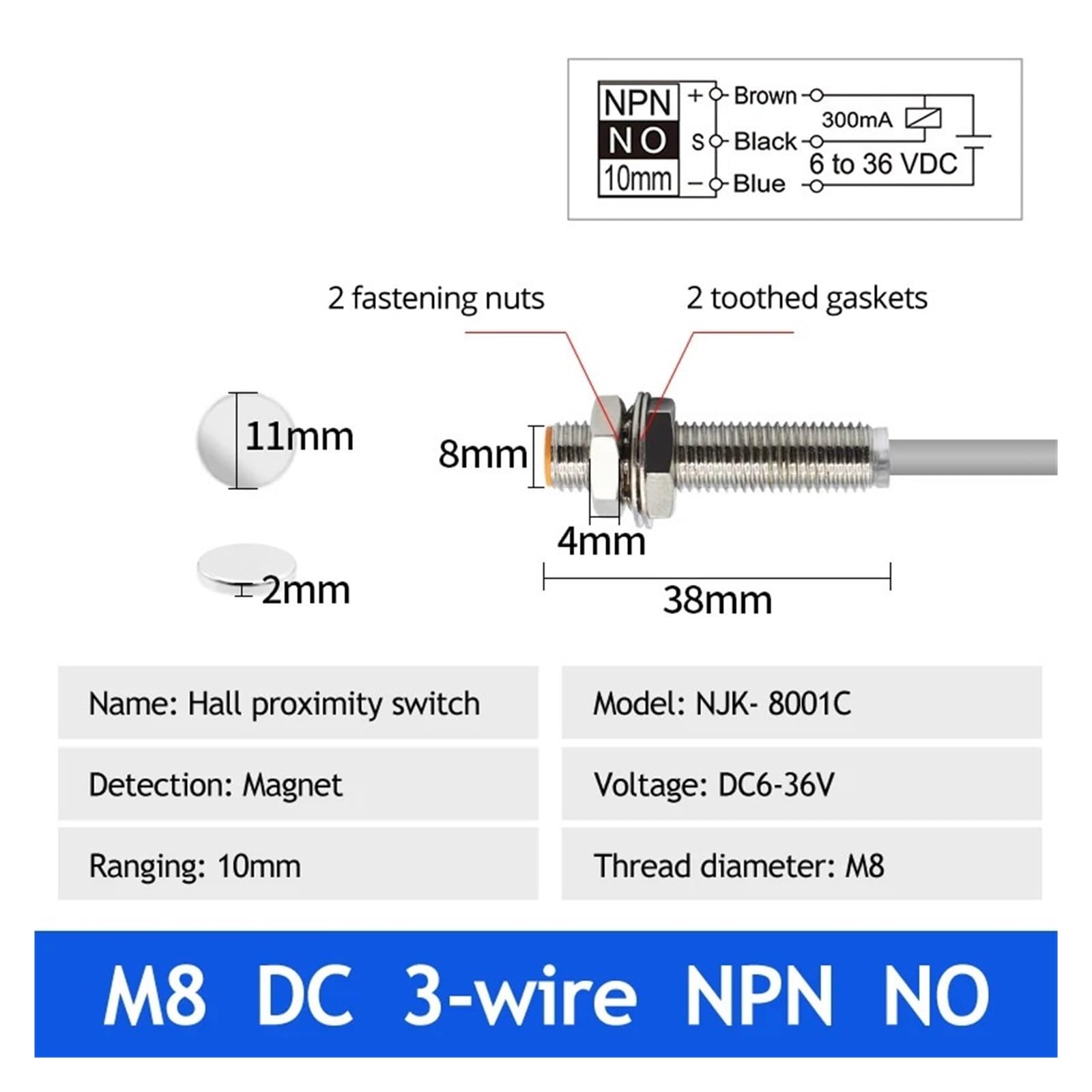 Hall-Schalter -5002 Näherungsinduktions-Magnetpolsensor M8/M12 Normalerweise offen/Normal geschlossen 24 V Hall-Effekt-Näherungssensor