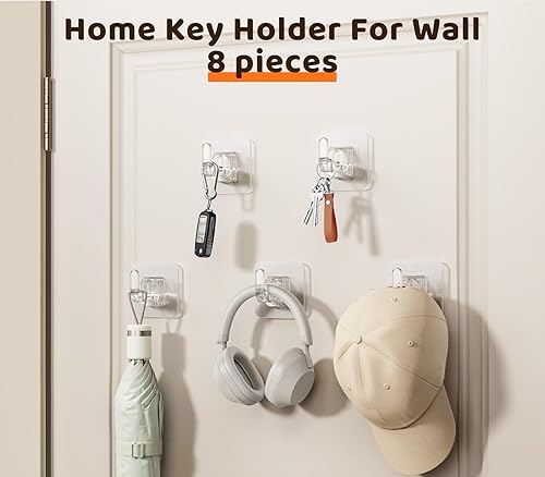 Miniatura 6 de Paquete de 8 ganchos invisibles para llaves para pared, soporte adhesivo transparente, bolsos, sombreros, toallas y más, sujeción fuerte sin