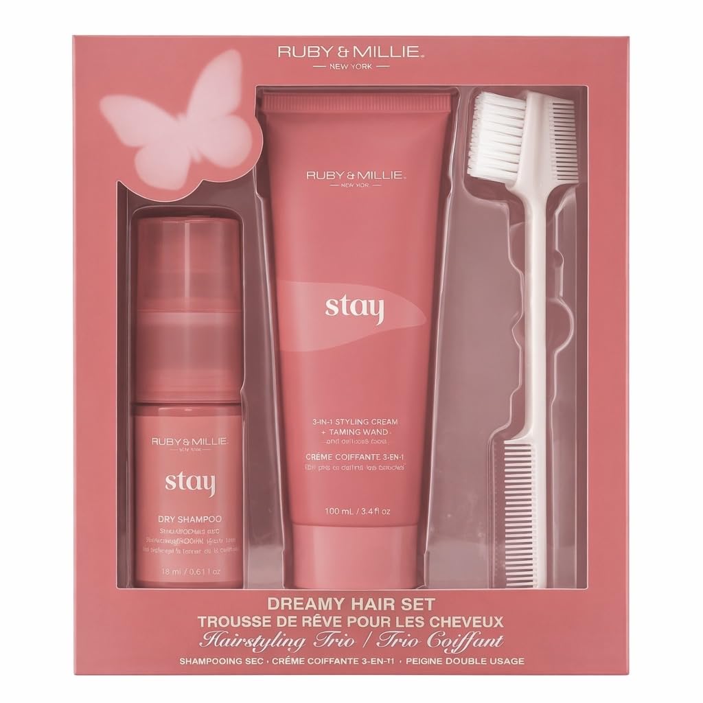 Ruby & Millie Stay Dreamy Hair Set 3-Piece Hairstyling Trio with Dry Shampoo (18ml), 3-in-1 Styling Cream + Taming Wand (100ml) & Dual-Sided Edge Brush Comb - Hair Care Gift Set for Women