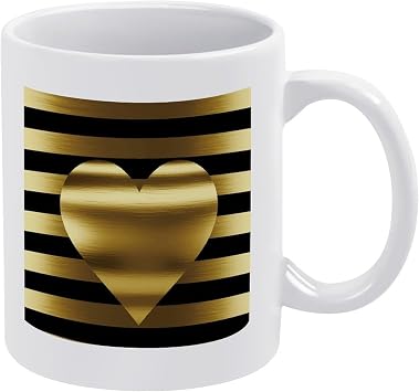 Gold Heart Stripe Coffee Cup 12 Oz White Ceramic Coffee Mug with Handle Personalized Classic Sublimation Mug Novelty Porcelain Mugs Funny Tea Cup for Latte Hot Cocoa Milk
