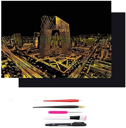 Amazon Com Ywxka Scratch Art Paper Magic Colorful Drawing Board Diy Night View Scratchboard For Adult And Kids With 5 Tools And Photo Frame A Arts Crafts Sewing