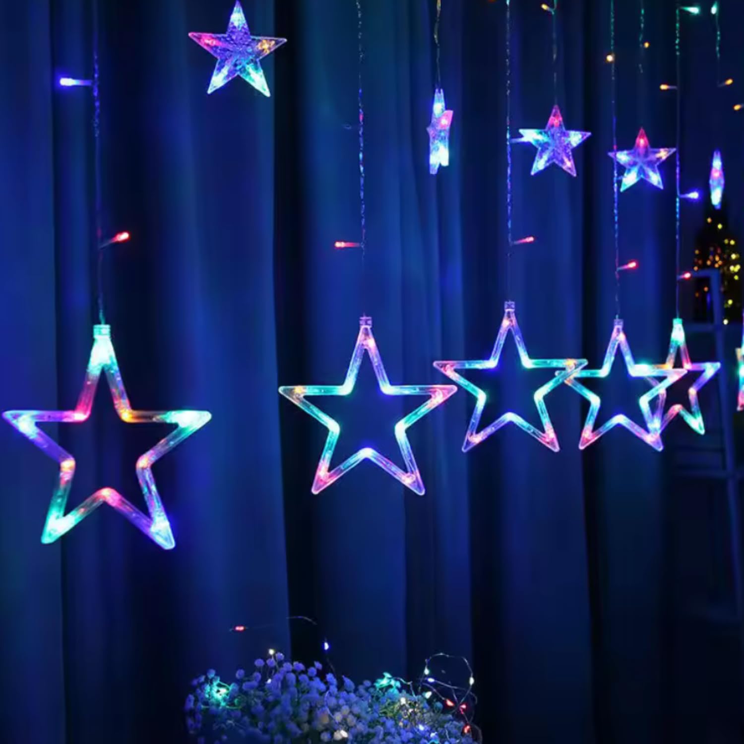 NIYAMAX 12 Stars Curtain Fairy String 108 Led 6 Big Star 6 Small Star Light with 8 Flashing Modes for Indoor & Outdoor Decorations, Christmas, Wedding, Party, Home, Patio Lawn (Multicolor)