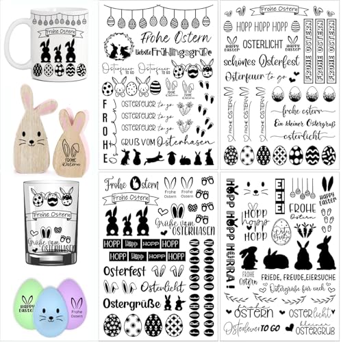 4 Stück Rub On Sticker Ostern A5, 21x14cm Folie Transfer Aufkleber Selbstklebend Frohe Ostern Sticker, Ostereier Osterhasen Rub Ons Sprüche, für DIY Glas Holz Möbel Scrapbooking