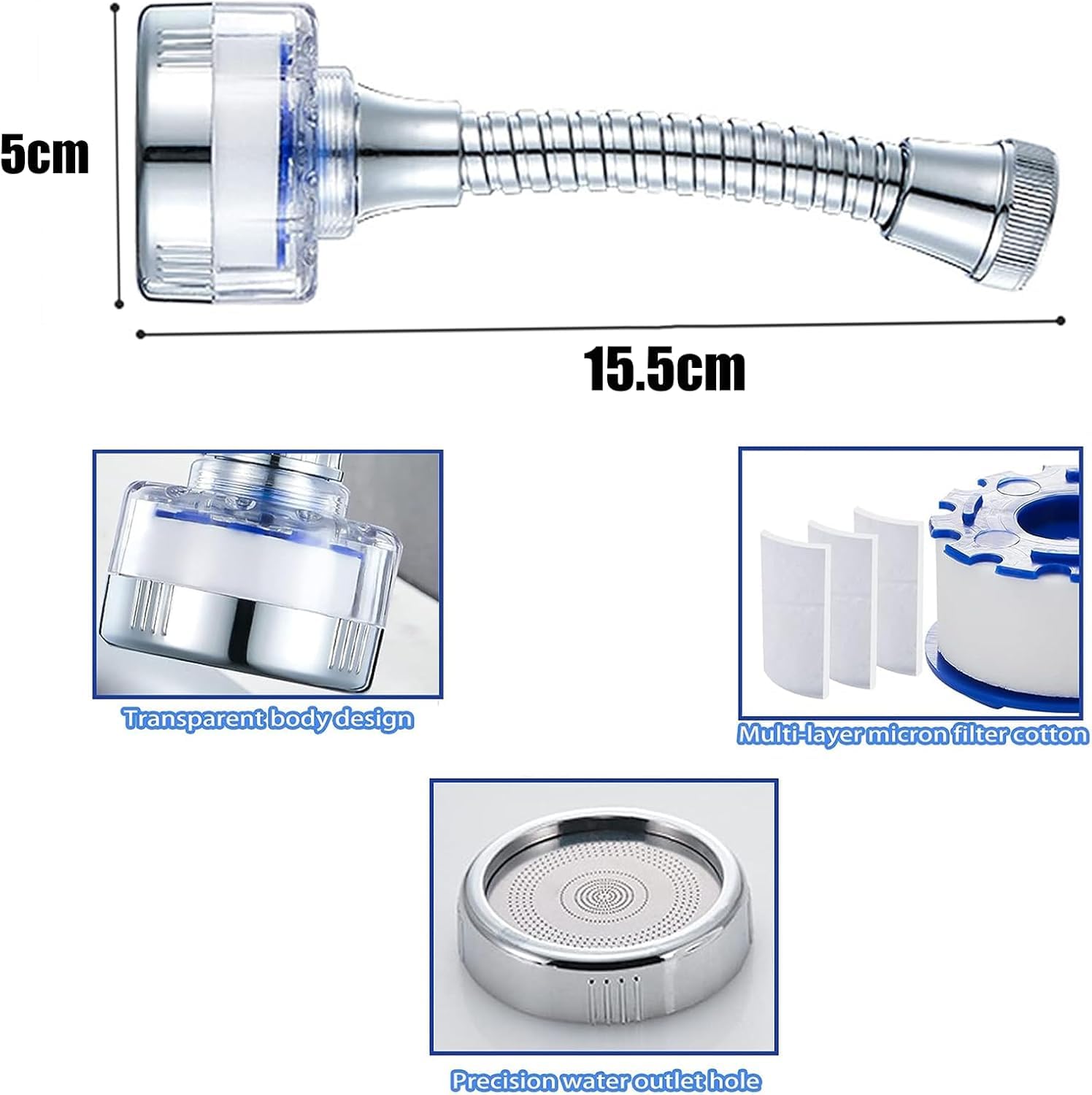 Filtro Purificador de Agua para Grifo 360° Rotatorio - Para Cocina y Baño, con Tubo Extensible, Elimina Cloro, Fluoruro, Metales Pesados y Cal (Agua Dura)