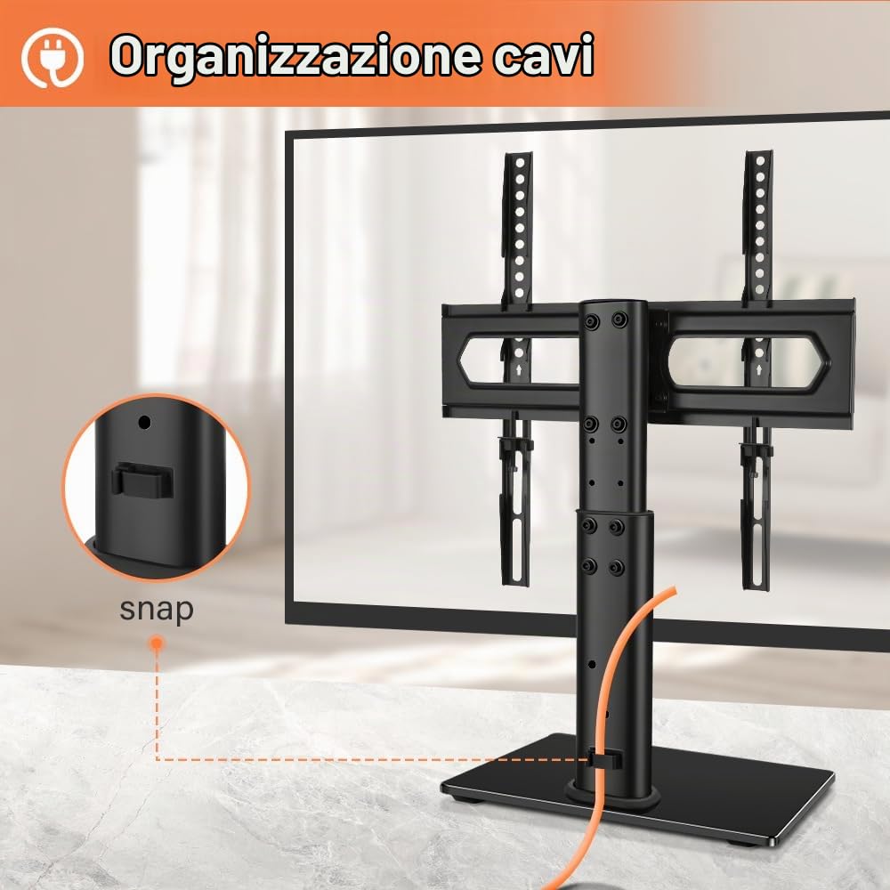 KKTONER Supporto TV da Tavolo Universale per Televisori da 27 a 65 Pollici, Base in Vetro Temperato, Regolabile in Altezza, Supporta Fino a 40kg, Compatibile VESA 100x100 a 400x400