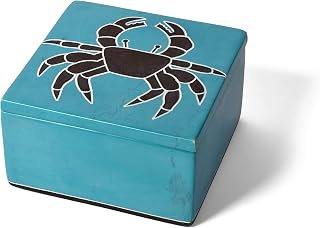 Crab Handcrafted African Soapstone 4 x 4-inch Decorative Box, Aqua Blue