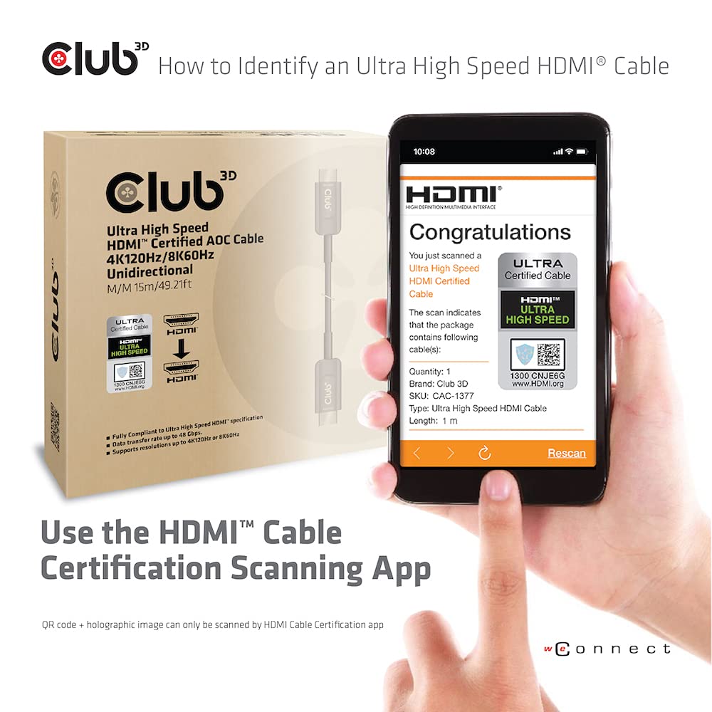 Club 3D Cavo HDMI ad alta velocità certificato AOC 4K120Hz/8K60Hz unidirezionale ST 15 metri