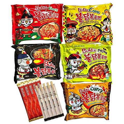 Mashi Box Korean Spicy Chicken Buldak Noodle Mystery Random Variety 5-Pack - 5 Different Flavors - Comes with 5 Instant Korean Coffees and 5 Chopsticks Cover