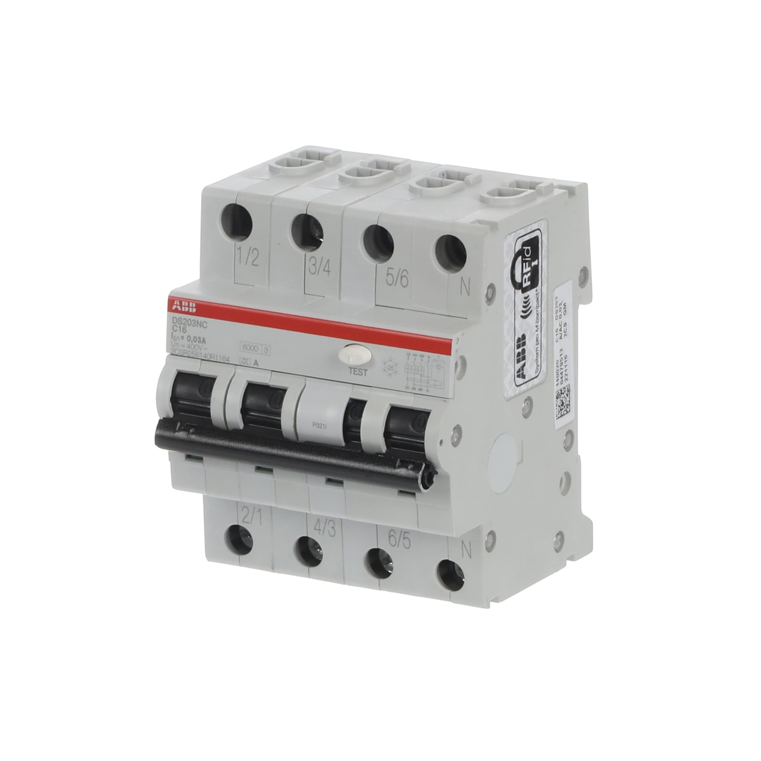 ABB RCBO, 16A Current Rating, 4P Poles, 30mA Trip Sensitivity, Type C