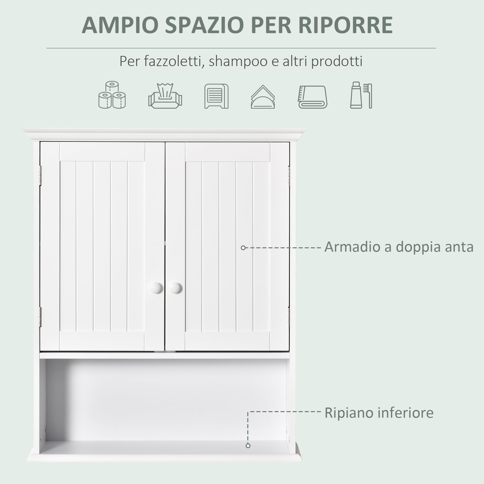 kleankin Mobile Bagno Sospeso con Armadietto a 2 Ante con Chiusura Magnetica e Ripiano Aperto, Pensile Bagno Sospeso con Ripiano Regolabile, per Cucina, Ingresso e Soggiorno, 60x20x70.5 cm, Bianco