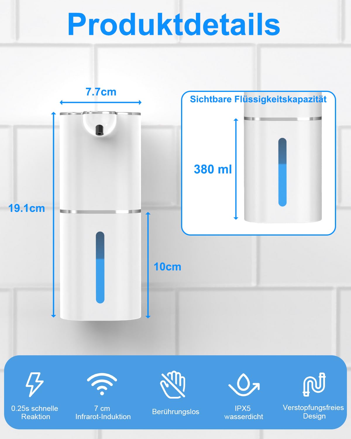 Etopgo Seifenspender Automatisch Schaum, 380ml Schaumseifenspender Elektrisch mit Digitalanzeige, No Touch Seifenspender Schaum mit Sensor, Wandmontage, IPX5 Wasserdicht für Badezimmer, Küche - 2
