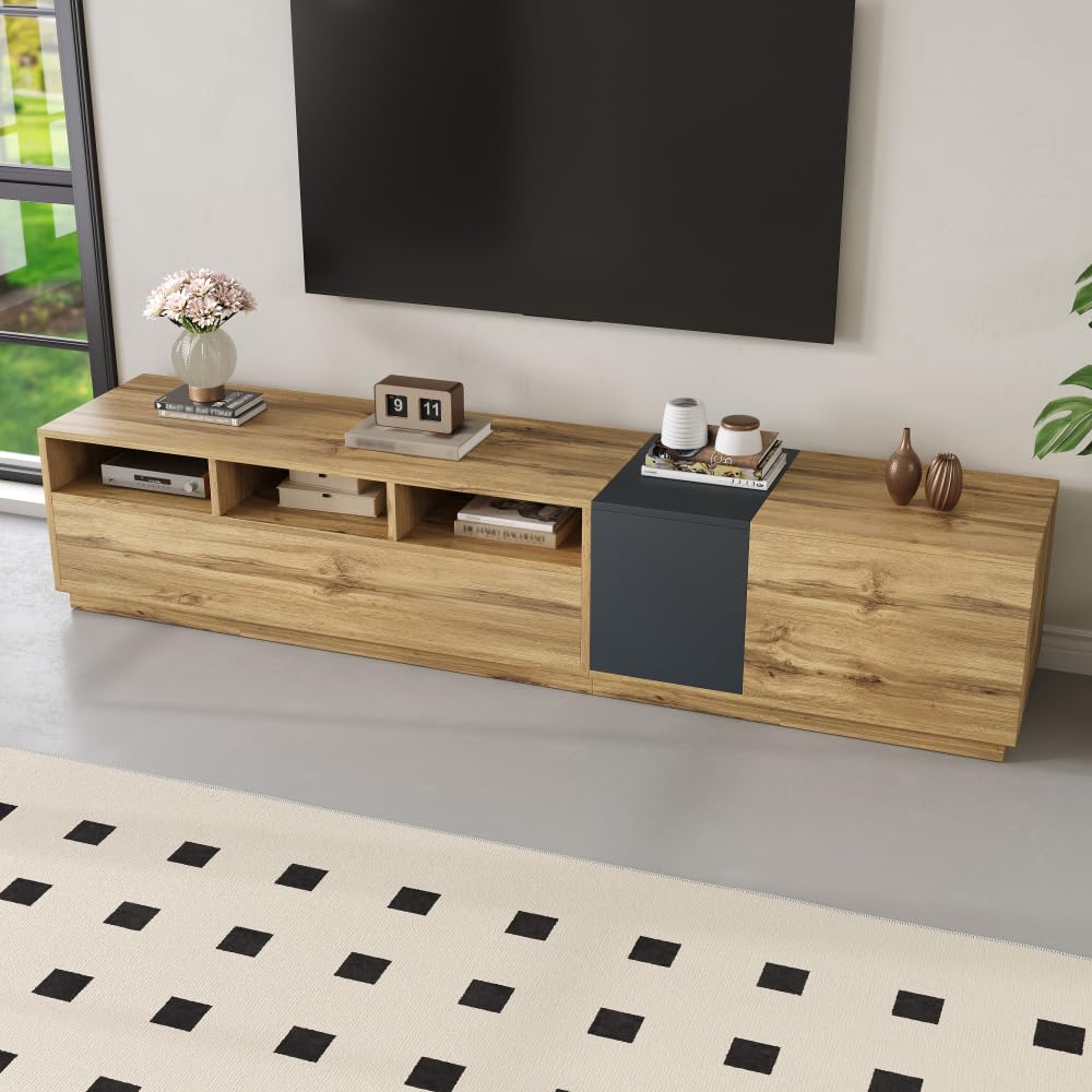 Brandless nowoczesny stojak pod telewizor 200 cm, z otwartymi półkami, otwory na kable, do salonu, rozrywki, urządzenia multimedialne, dekoracja, przechowywanie, minimalistyczny 193