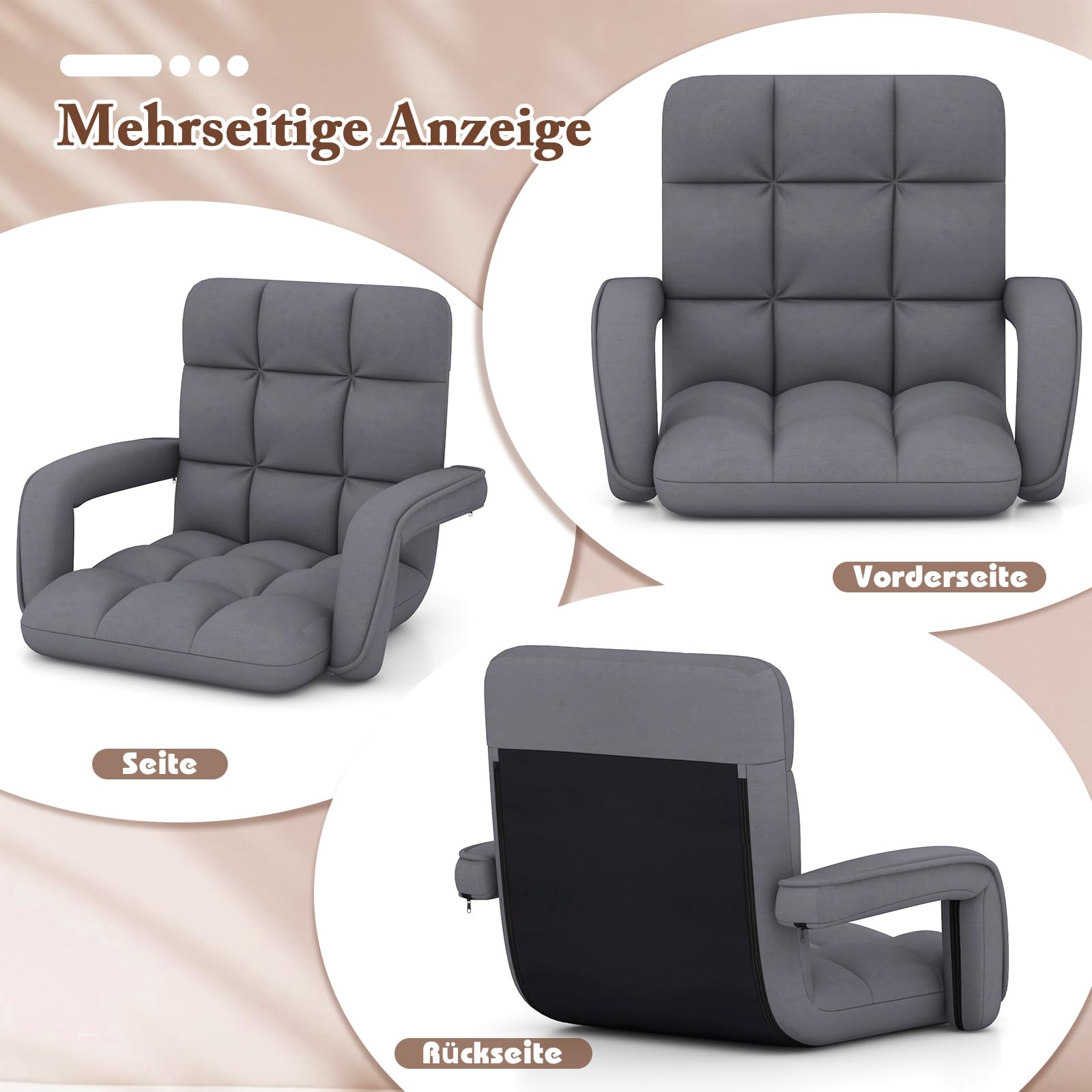 RELAX4LIFE Sillón Plegable de Suelo Ajustable en 6 Posiciones, Sofá Suelo de Tela de Gamuza, Sillón Perezoso con Respaldo, Reposabrazos y Marco Metal para Sala de Estar, Dormitorio, Balcón (Gris)