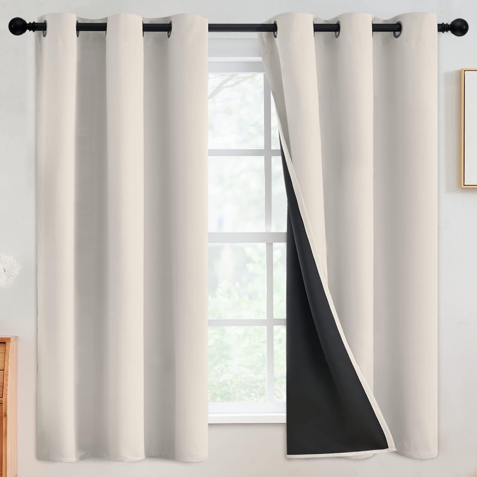 SimpleHome 100% Blackout Curtains for Bedroom,Thermal Insulated Grommet Window Drapes Room Darkening Cream Curtains for Living Room with Black Back,42