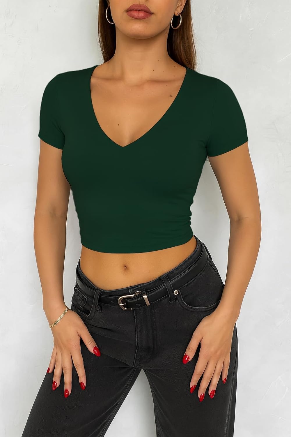 ForeFair Womens Short Sleeve Crop Tops Casual V Neck T Shirts Going Out Top Double Lined Slim Fitted Basic Tee - Image 4