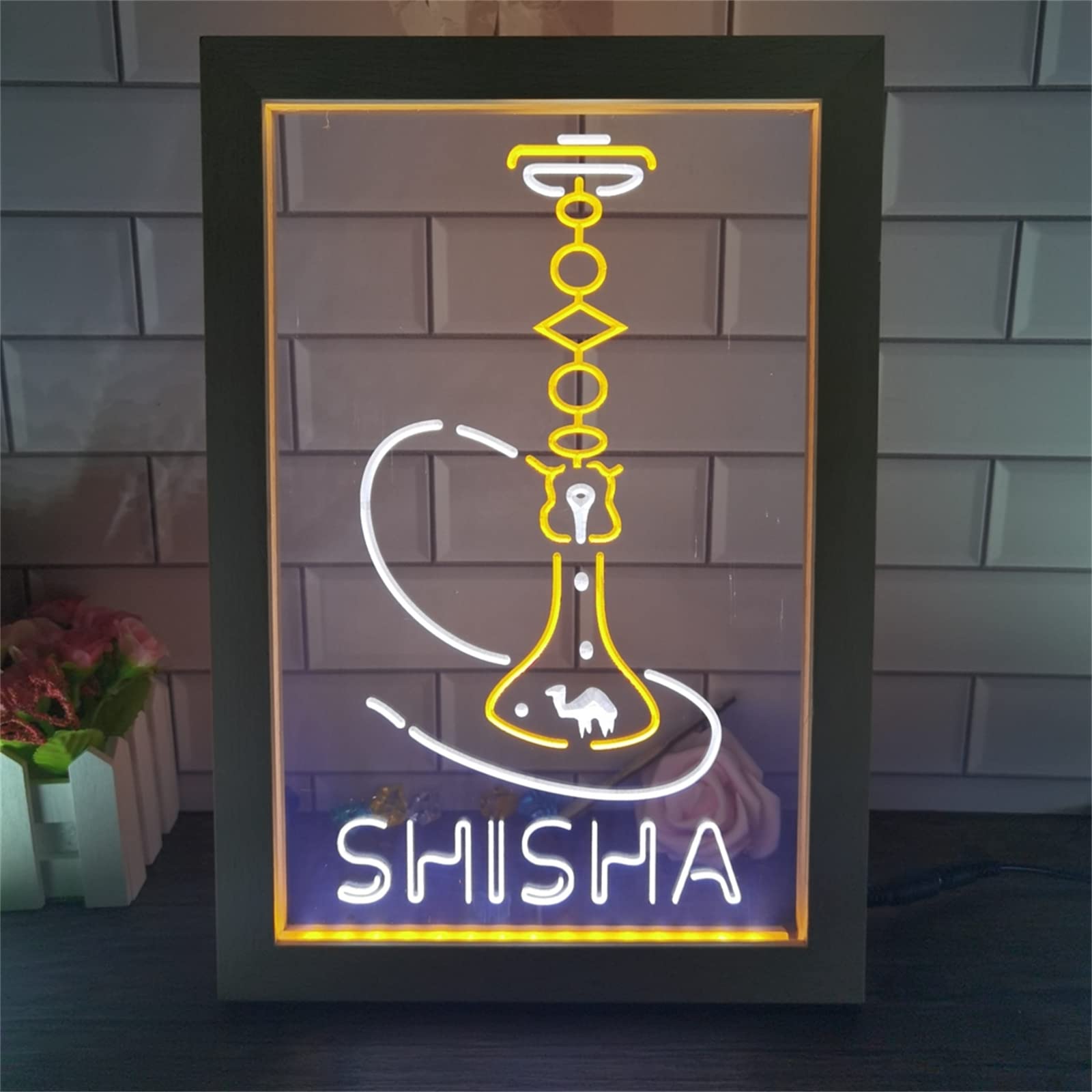 KEYQEEN Shisha Shop LED Neon Sign, Hookah Dual Color Decoration Photo Frame Table Lamp Creative Desk Wood 3D Night Lights,White Yellow,22x32cm