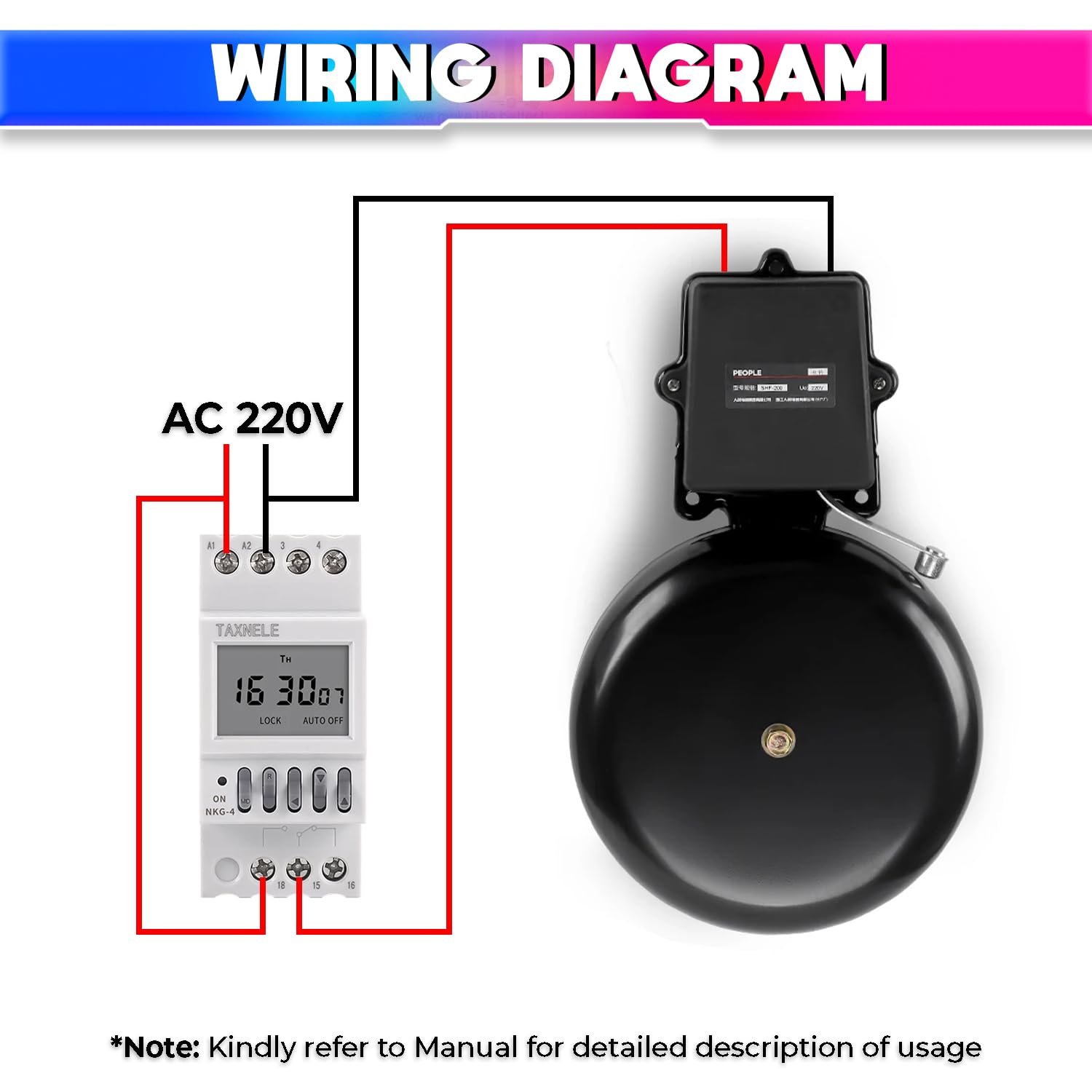 amiciSmart Automatic School Bell, 120dB Electric Gong Bell with Weekly Programmable Timer Switch, 40 Group Setting with 1~99sec Adjustable Ring Time, 220VAC 3