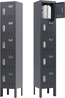 Metal Locker, Lockers for Employees, 66" Storage Locker with Mirror & Hooks, Storage Cabinet with Doors and Shelves for Gym, Office, School, Home (5 Doors, Gray)
