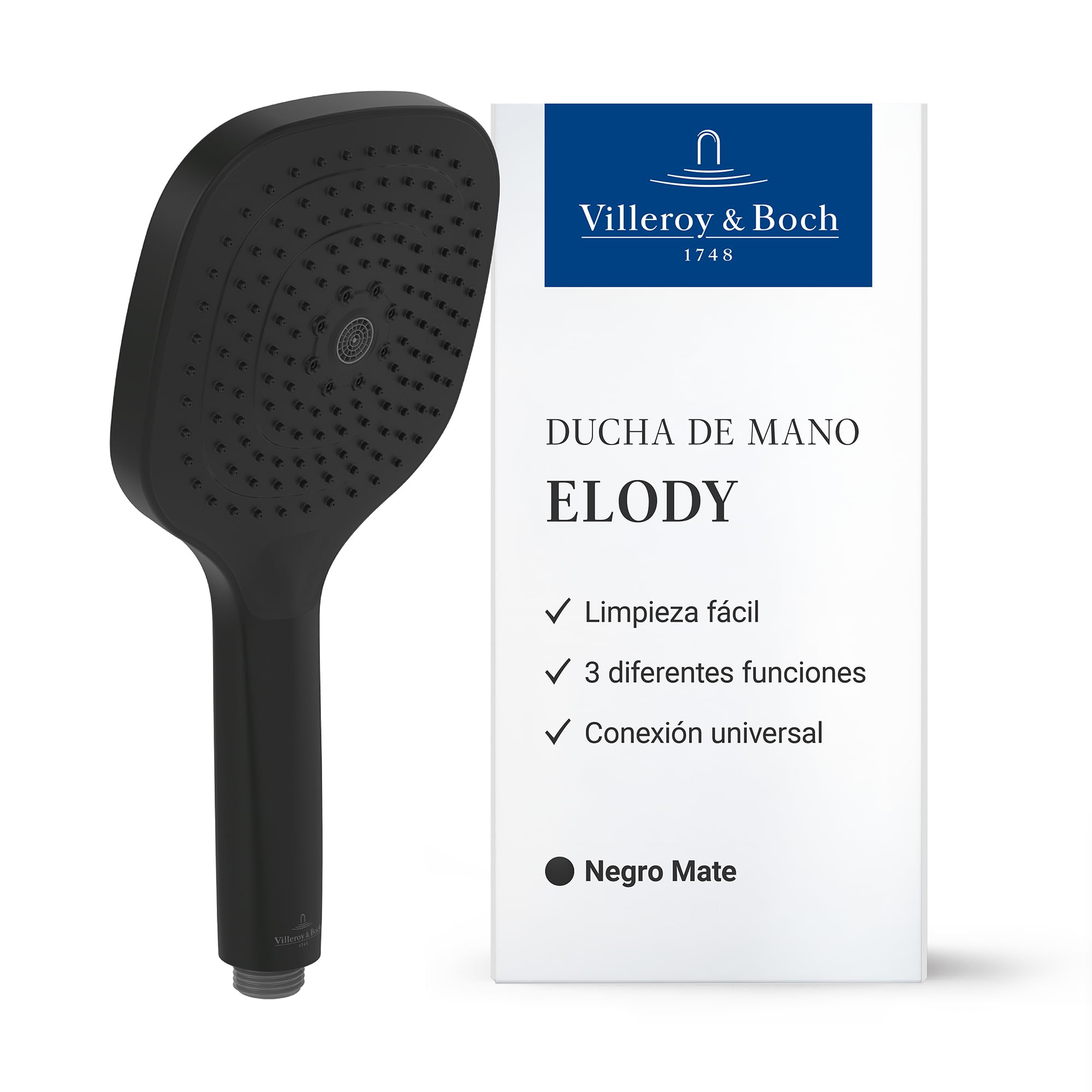 Villeroy & Boch Elody, cabezal de ducha, mango de ducha angular con tres tipos de suministro (Laminar, Massage y Velvet) y botón de modo, EasyClean, conexión universal – Negro Mate | Alcachofa de ducha angular, 3 tipos de chorro intercambiables, EasyClean