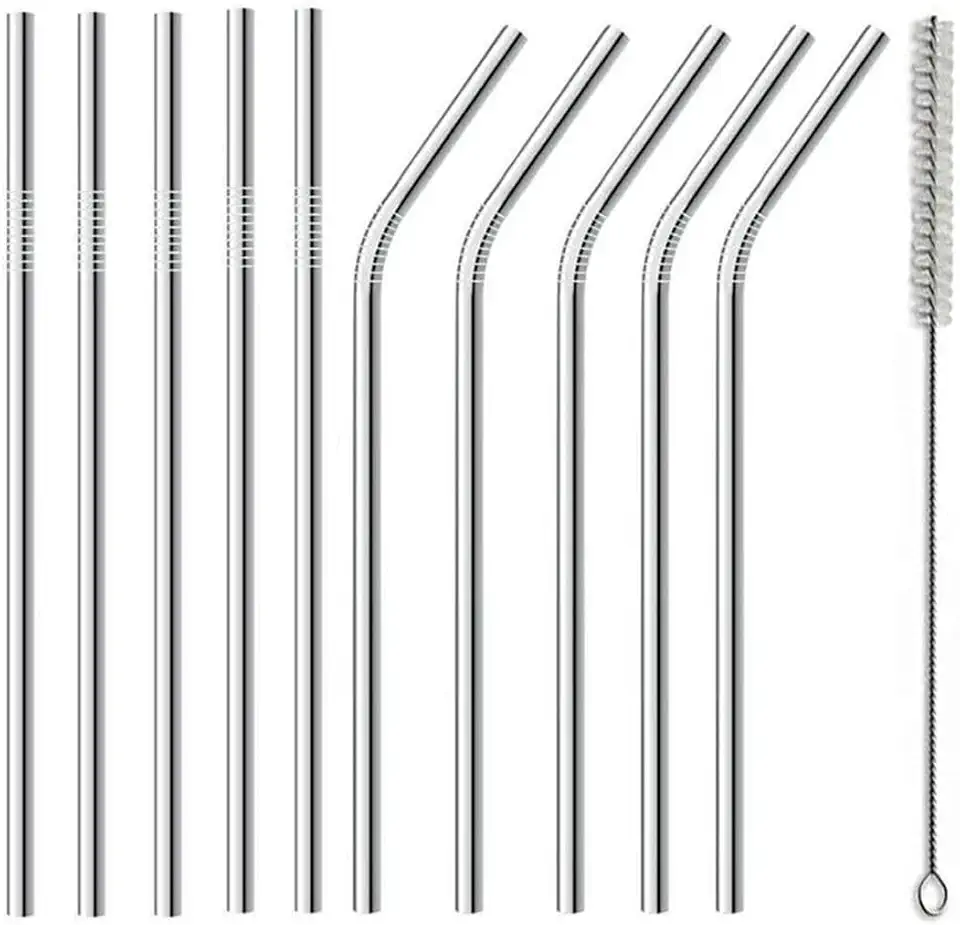 Canudo Inox Reutilizável Ecológico 10 Unidades 5 Retos 5 Curvos + Escova